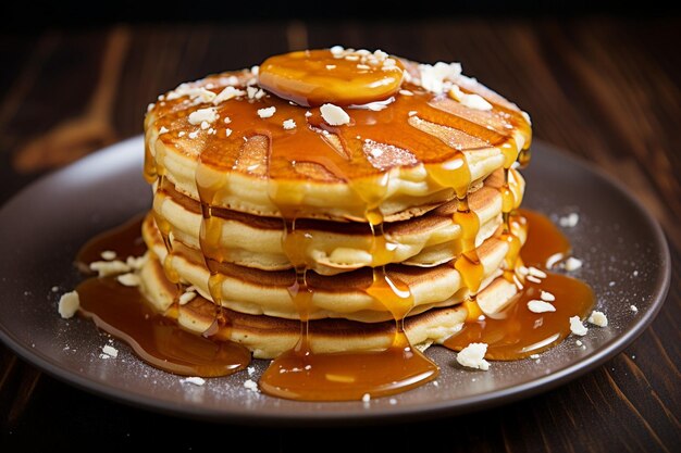 Pancakes geserveerd met een kant van gepocheerde rhubarb en gemberstroop