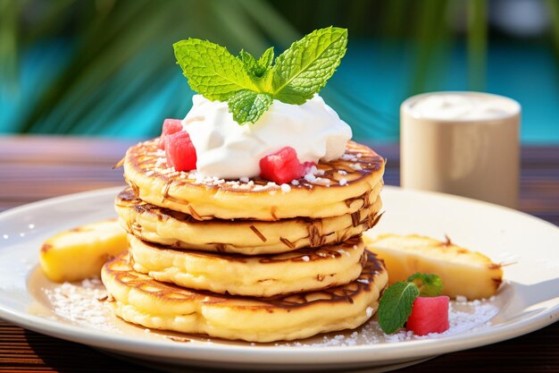 Pancakes geserveerd met een kant van gepocheerde rhubarb en gemberstroop