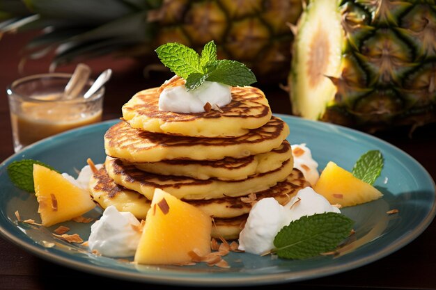 Pancakes geserveerd met een kant van gepocheerde rhubarb en gemberstroop