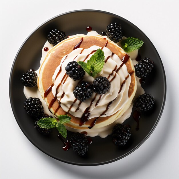 Pancakes met bessen en chocolade geïsoleerd op witte achtergrond gegenereerd door AI