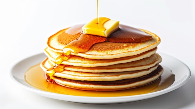 Pancakes met boter en honingstroop op het witte bord op een witte achtergrond
