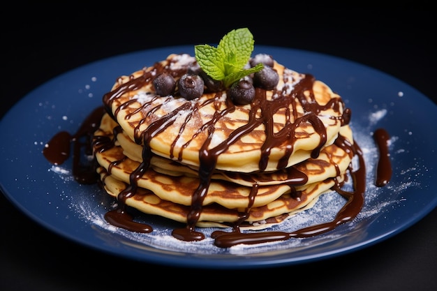 Foto pancakes met chocolade op het witte bord in het blauwe oppervlak