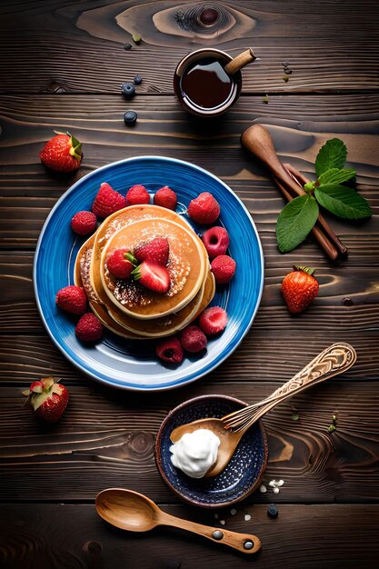 Pancakes on a plate with berries and whipped cream