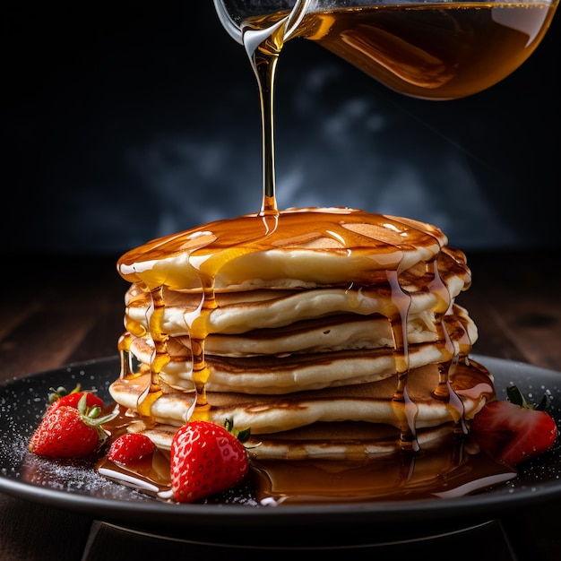 Pancakes poured syrup from above
