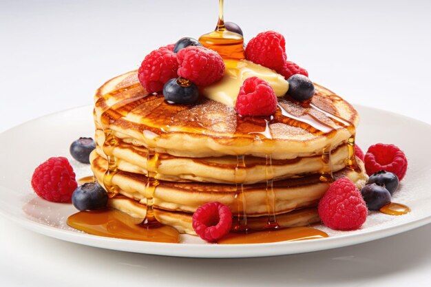 Pancakes served with syrup and fruits on white plate