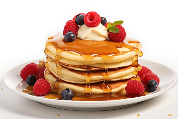 Pancakes served with syrup and fruits on white plate