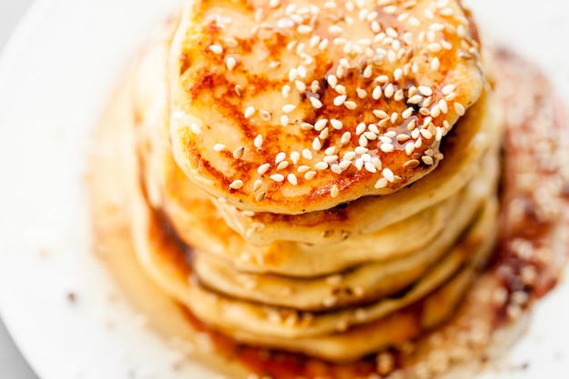 Pancakes sprinkled with sesame, close up