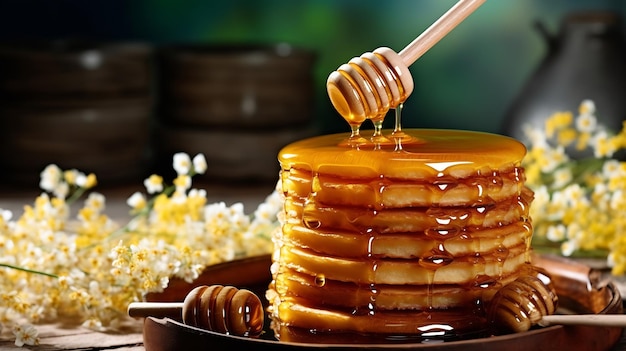 パンケーキの積み重ね 溶けるバターの塊と蜂蜜を注ぐ 近くから見る 背中が白い 生成的なAI