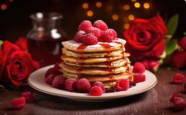 Pancakes stacked with raspberries on a plate and red roses for Valentine's Day