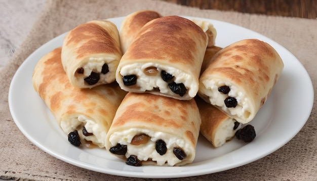 Pancakes stuffed with cottage cheese and raisins