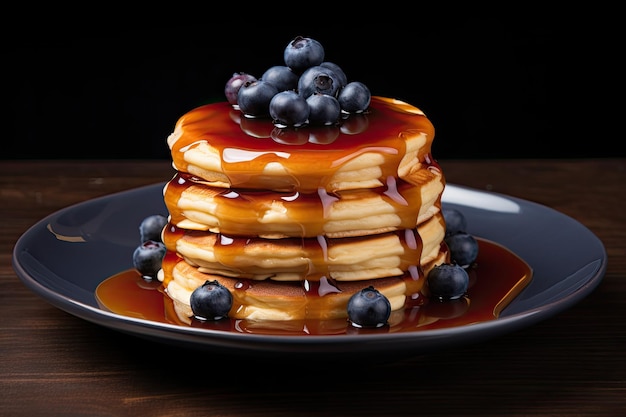 Pancakes topped with blueberries and caramel syrup seen from above