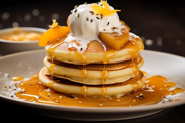 Pancakes topped with a drizzle of cherry syrup and whipped cream