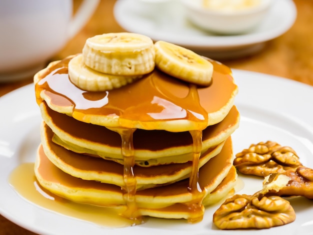 Pancakes with bananawalnut and caramel for a breakfast