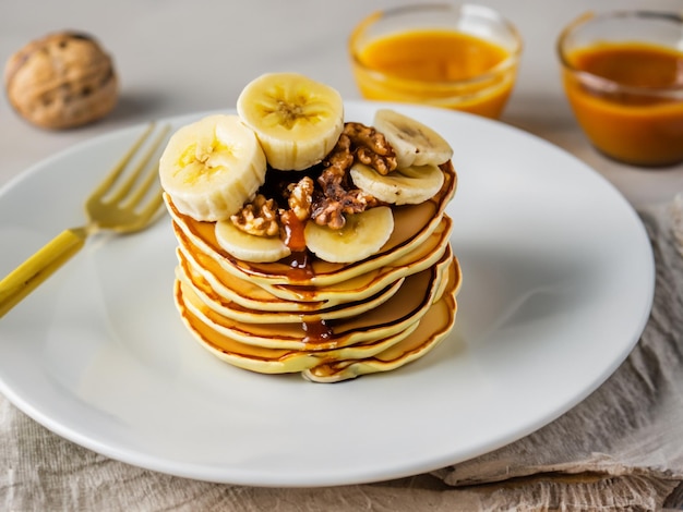 Pancakes with bananawalnut and caramel for a breakfast