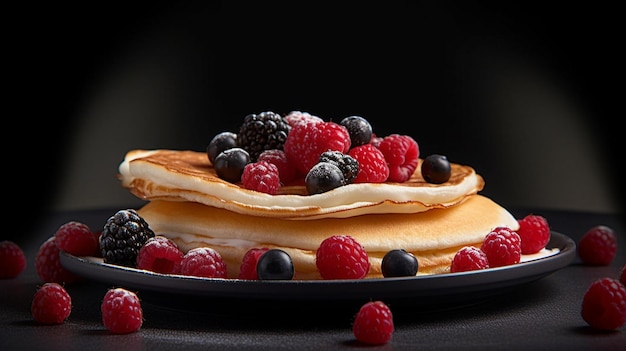 pancakes with berries and berries on a black background