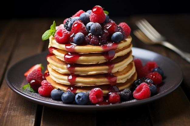 pancakes with berries and blueberries on a plate