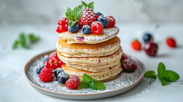 Pancakes with berries and mint on a plate