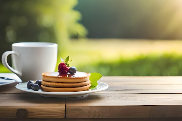 Блины с ягодами на тарелке с чашкой кофе и кружкой кофе.