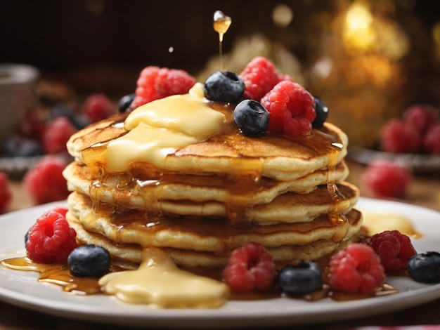 pancakes with berries and syrup on a plate with a syrup drizzled on top.