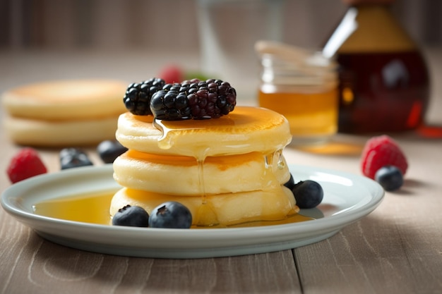 Pancakes with berries on top and a honey syrup in the background