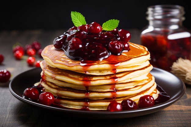 Pancakes with berry jam on kitchen table background