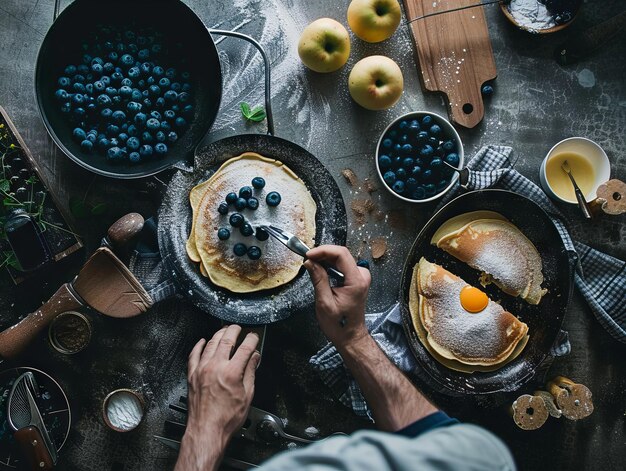 Фото Блинчики с ягодами и яйцами на столе