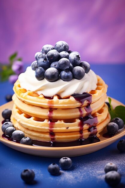 Pancakes with blueberries and cream on a plate with a purple background