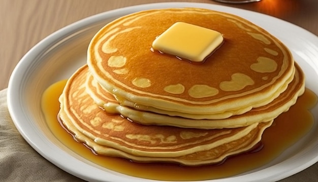 Pancakes with butter and honey on the table Generative AI