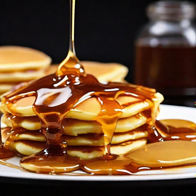 Photo pancakes with caramel sauce on a black background closeup