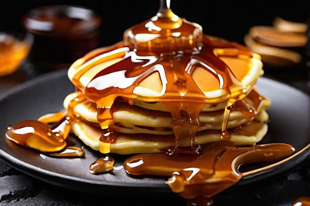 Pancakes with caramel sauce on a black background closeup