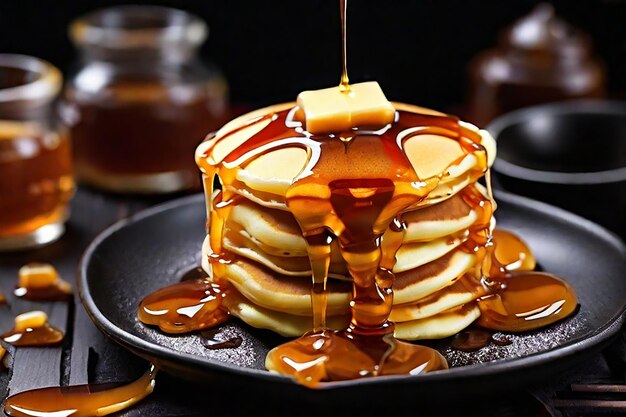 Photo pancakes with caramel sauce on a black background closeup