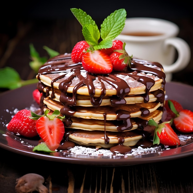 Pancakes with chocolate and strawberries on a plate