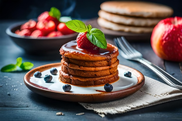 Pancakes with chocolate and strawberries on a plate