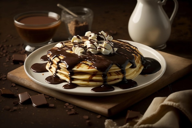 초콜릿 시럽과 크림을 곁들인 팬케이크 아침 식사 Generative AI