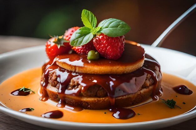 pancakes with chocolate syrup and strawberries on a plate