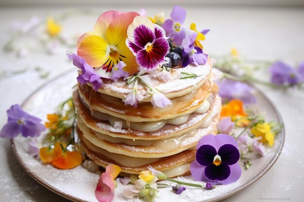 Foto pancake con fiori e sciroppo su un piatto