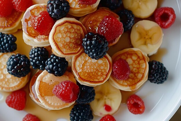Pancakes with fresh berries and maple syrup on the plate top view