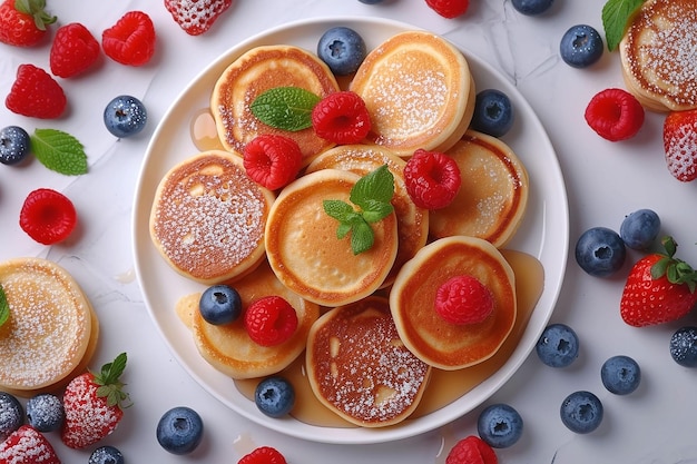 Pancakes with fresh berries and maple syrup on the plate top view