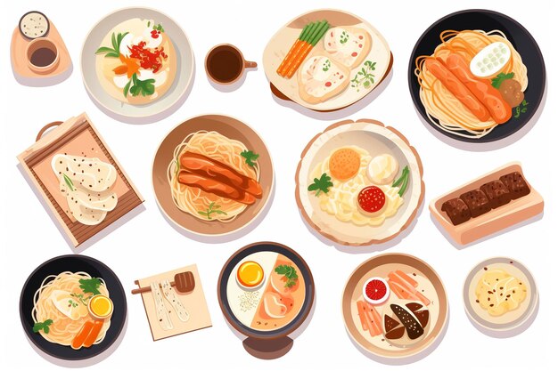 Pancakes with fresh fruits donuts and coffee on a white background generate ai