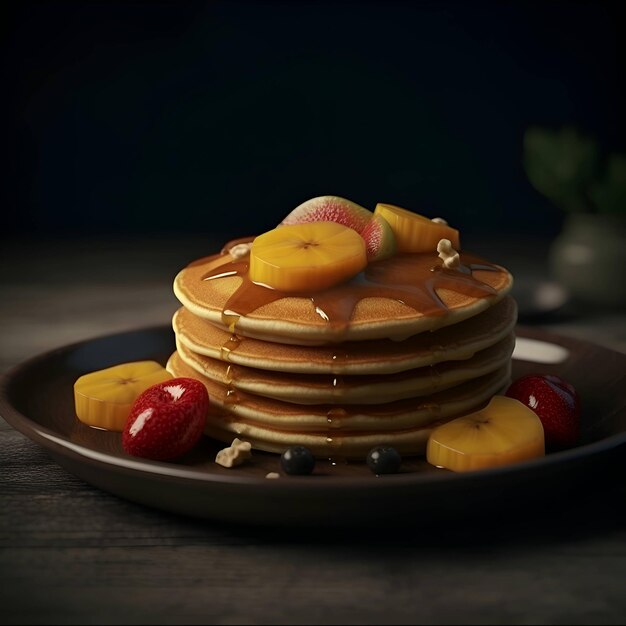 Pancakes with fresh fruits and maple syrup on a dark background