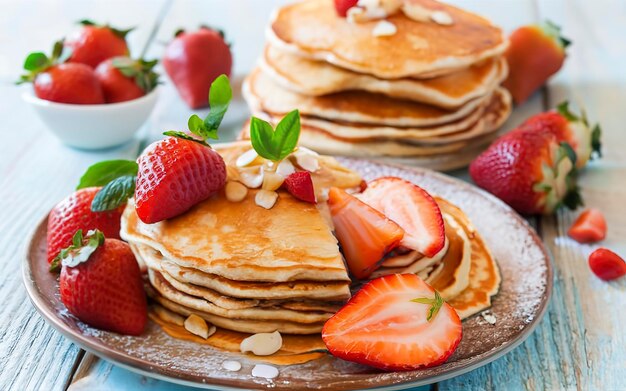 Pancakes with fresh strawberry on a blue wooden background