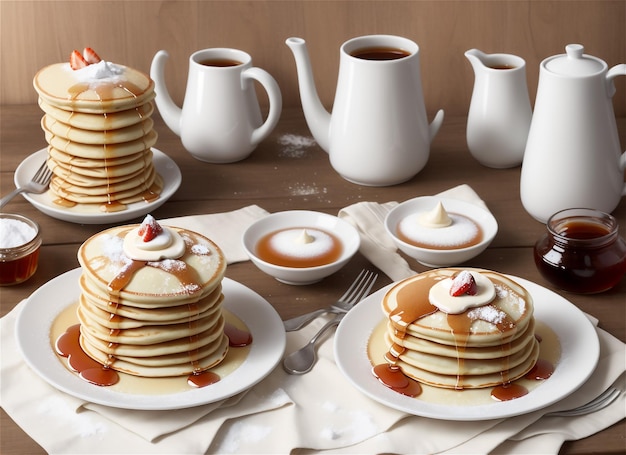 Pancakes with honey bacon and fruit