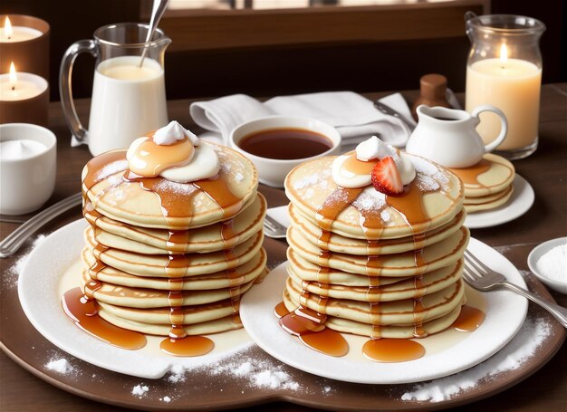 Pancakes with honey bacon and fruit