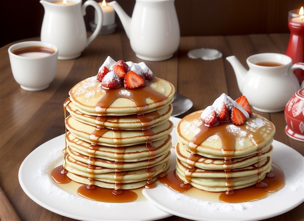 Pancakes with honey bacon and fruit