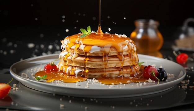 Pancakes with honey and berries on a dark background closeup