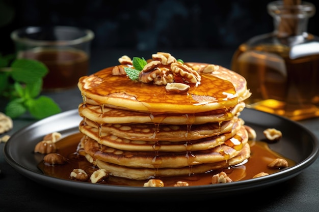 Pancakes with honey and hazelnuts in plates