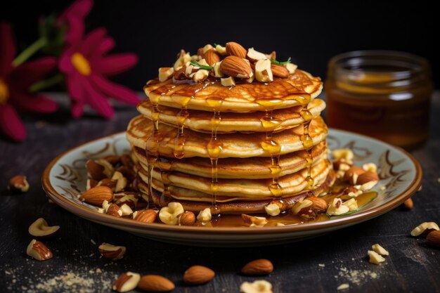 皿に盛られた蜂蜜とヘーゼルナッツのパンケーキ