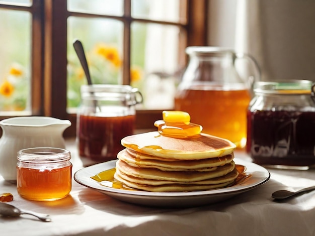 Pancakes with honey and jam on a table in the kitchen