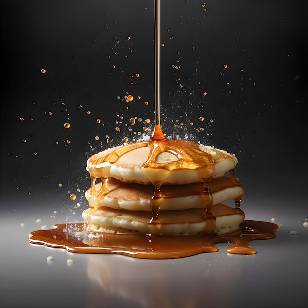 Pancakes with honey and maple syrup falling on a black background