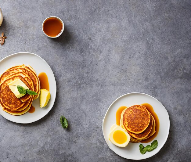 Pancakes with honey and tea on a white plate top view